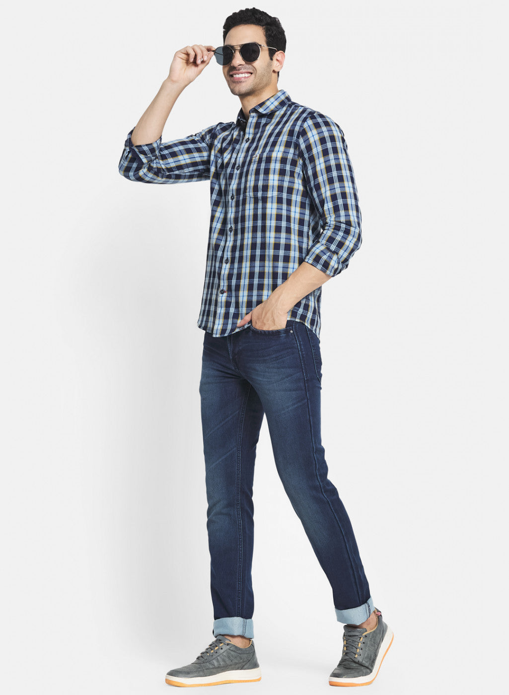 Men Blue & Yellow Check Shirt