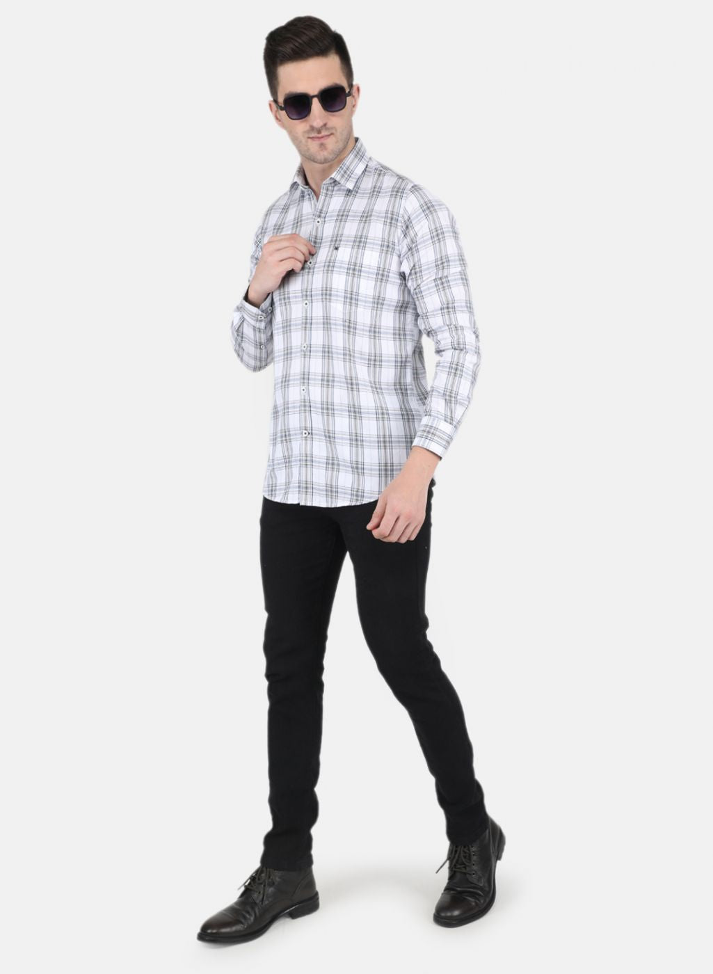 Men White Check Shirt