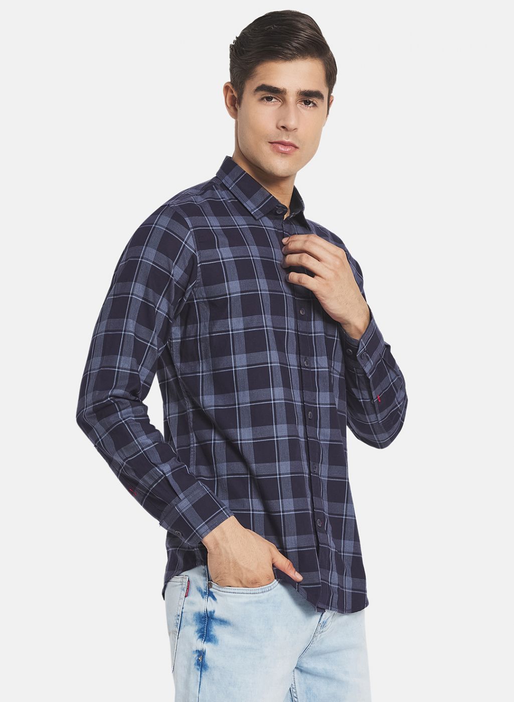 Men Navy Blue Check Shirt