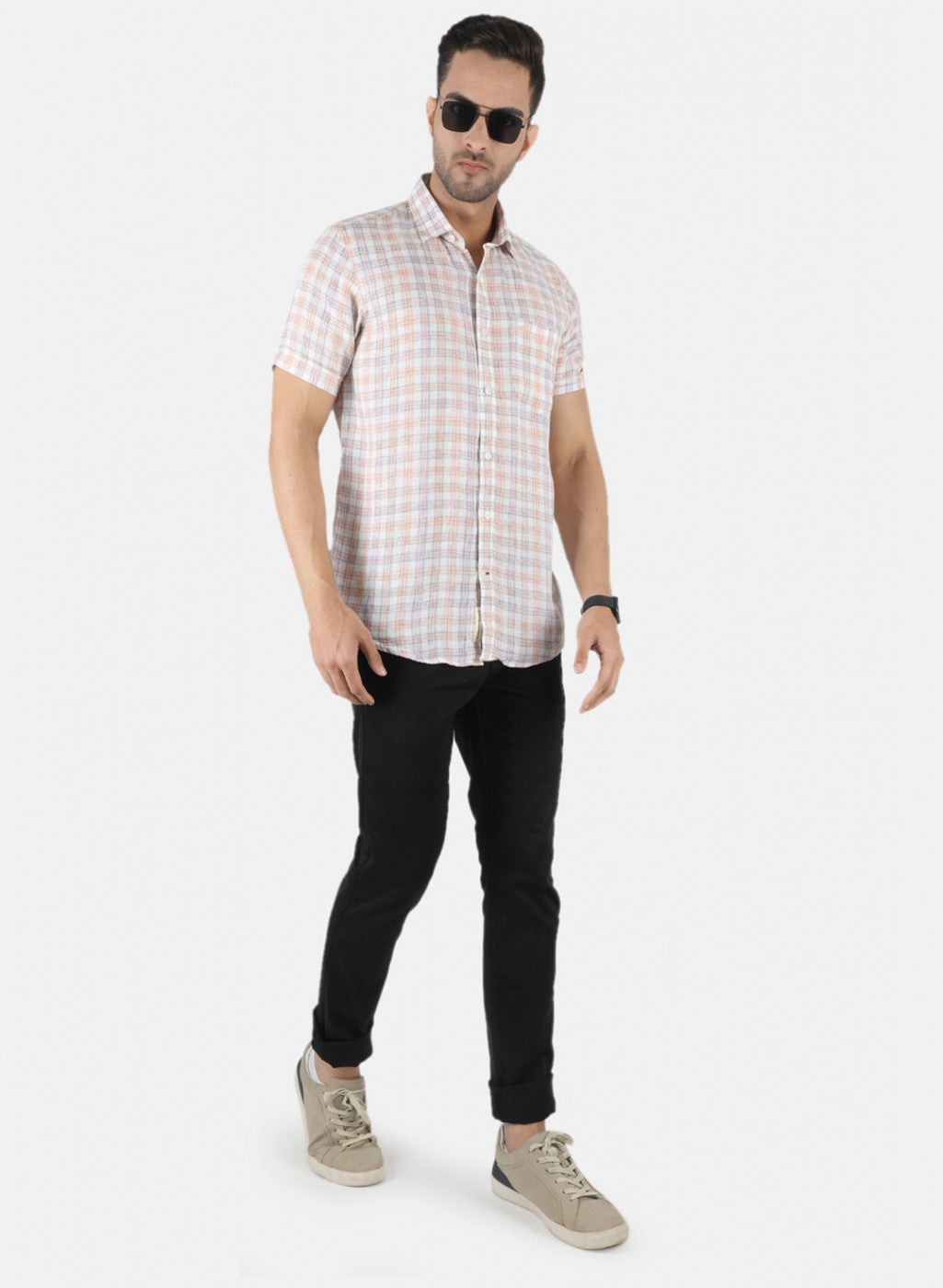 Men Orange Check Shirt