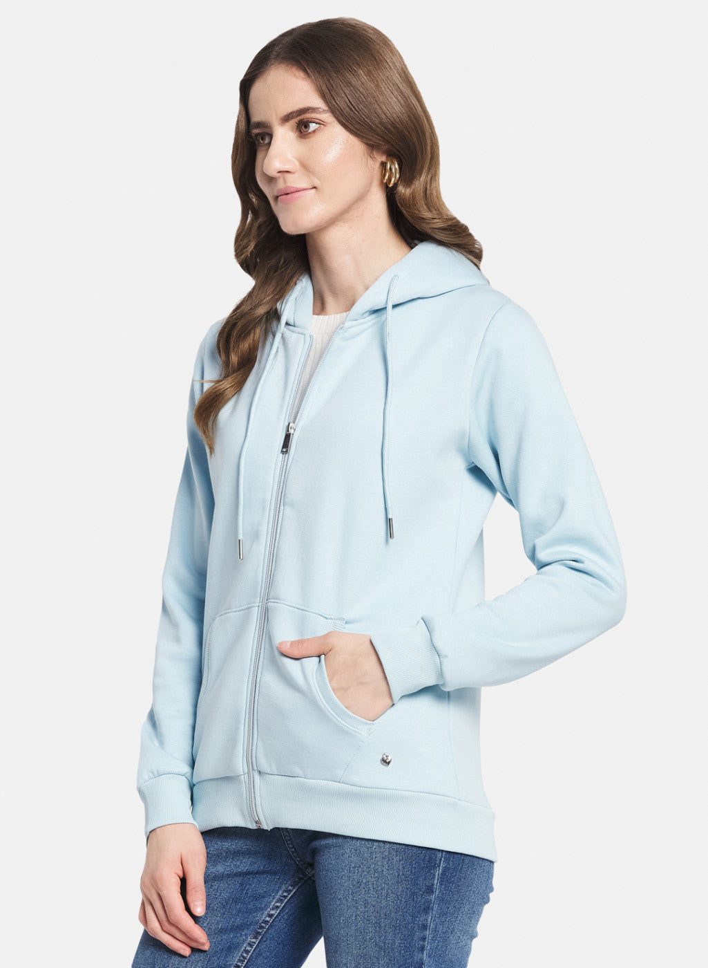 Women Sky Blue Solid Sweatshirt