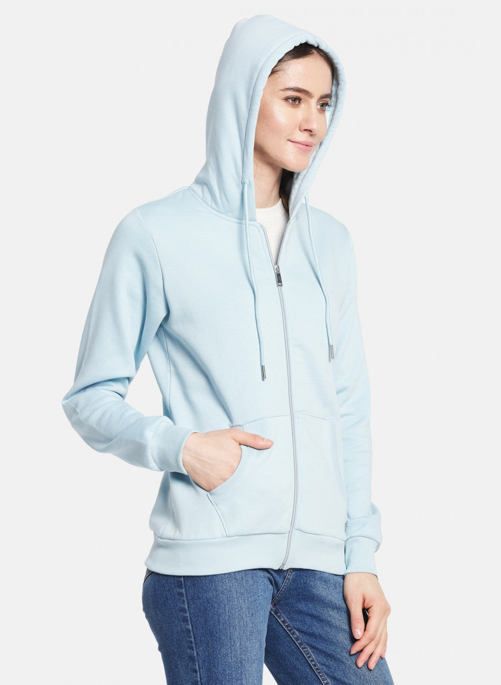 Women Sky Blue Solid Sweatshirt