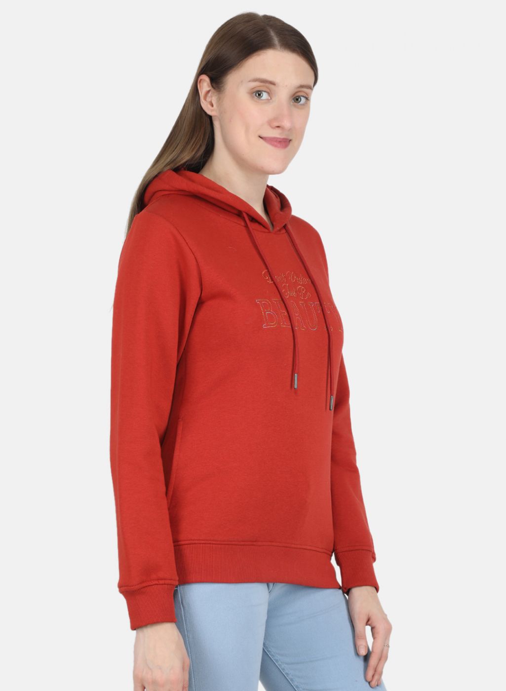 Women Rust Orange Embroidered Sweatshirt