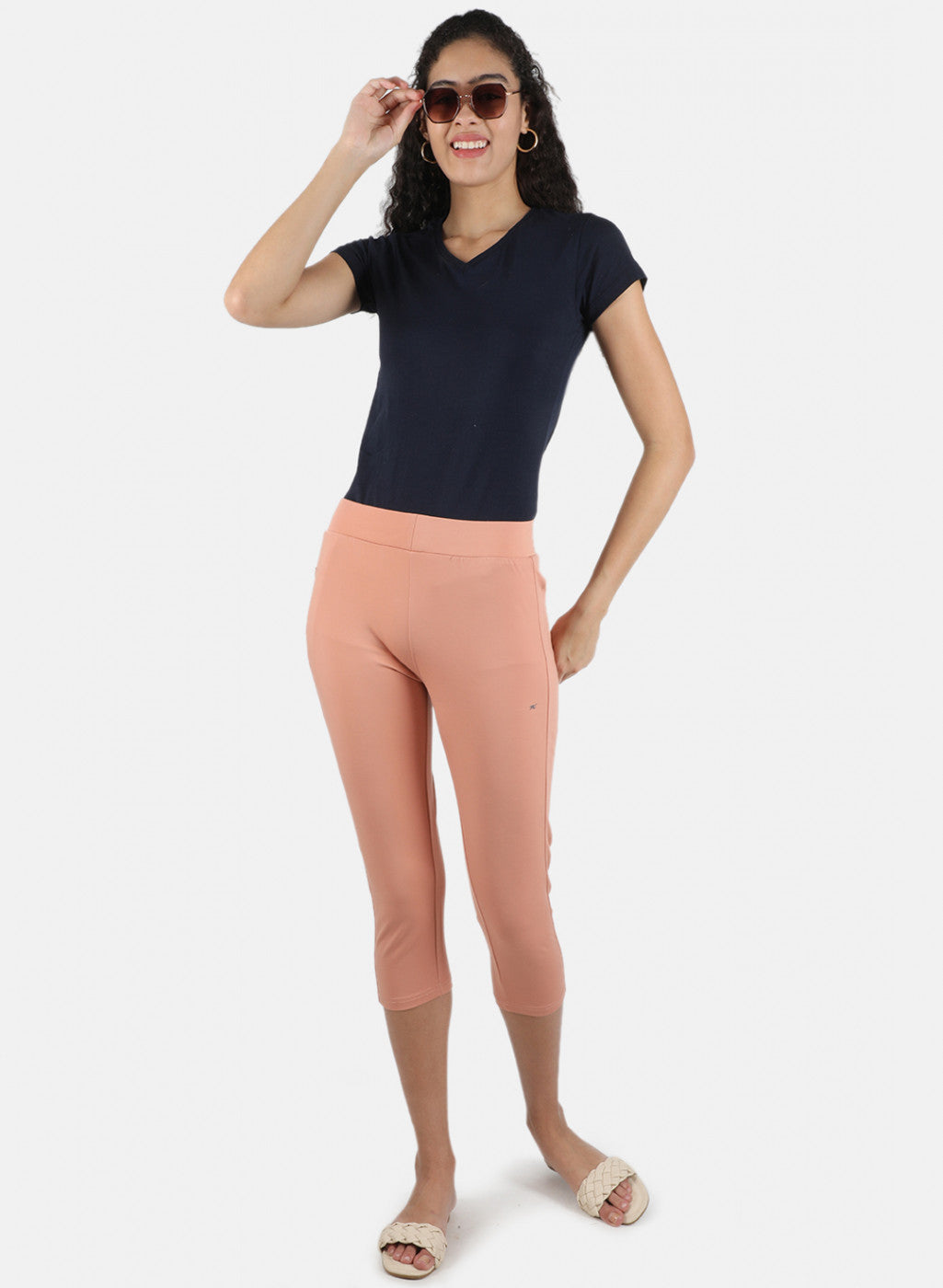 Women Peach Plain Capri