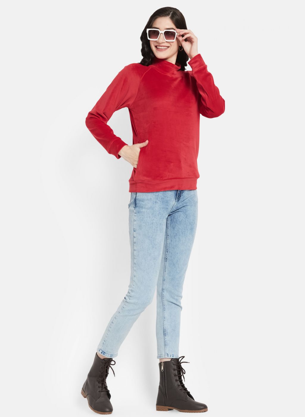 Women Red Solid Sweatshirt