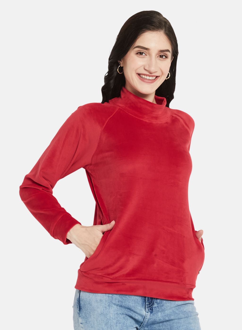 Women Red Solid Sweatshirt