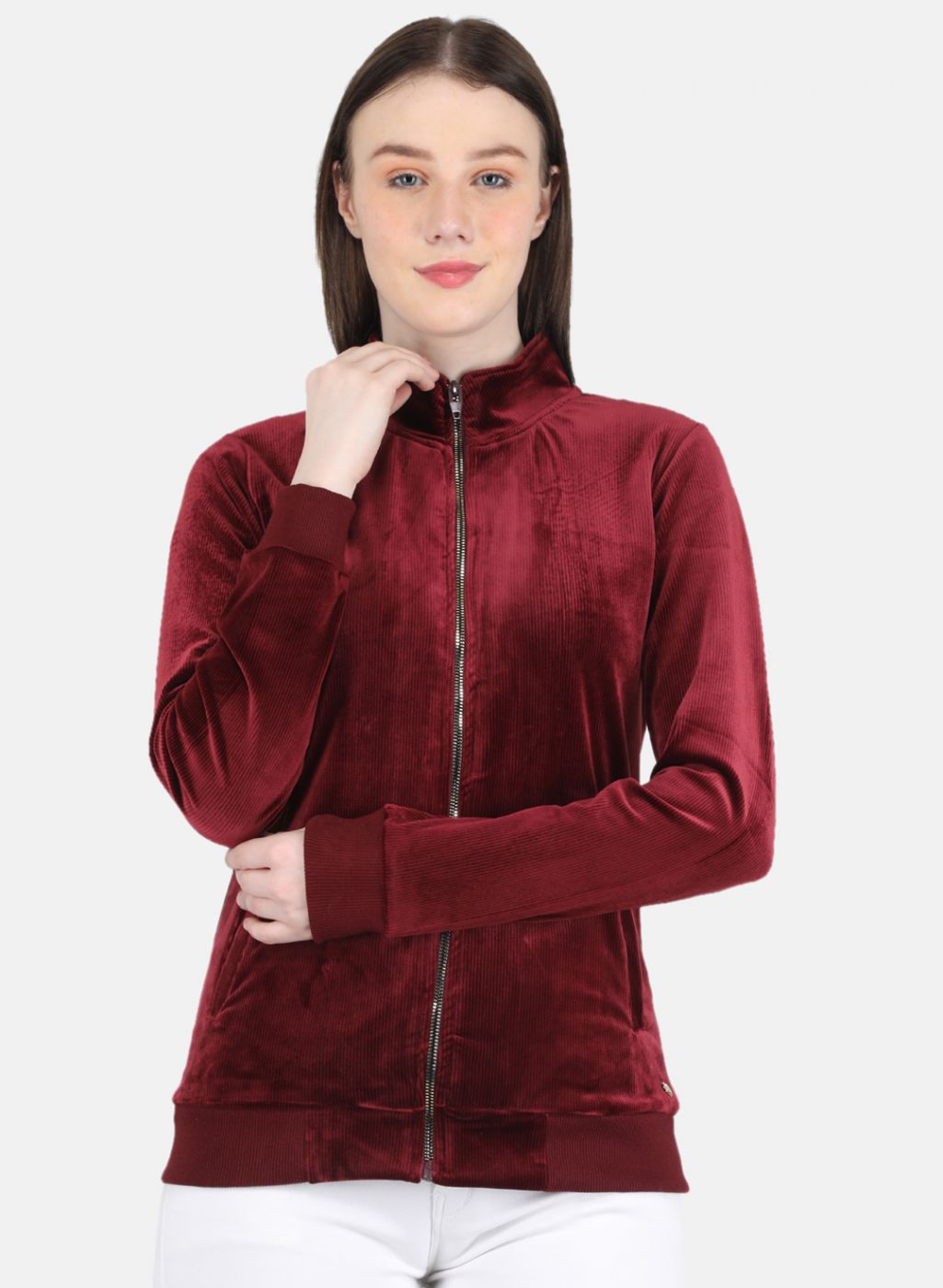 Women Maroon Self Design Sweatshirt