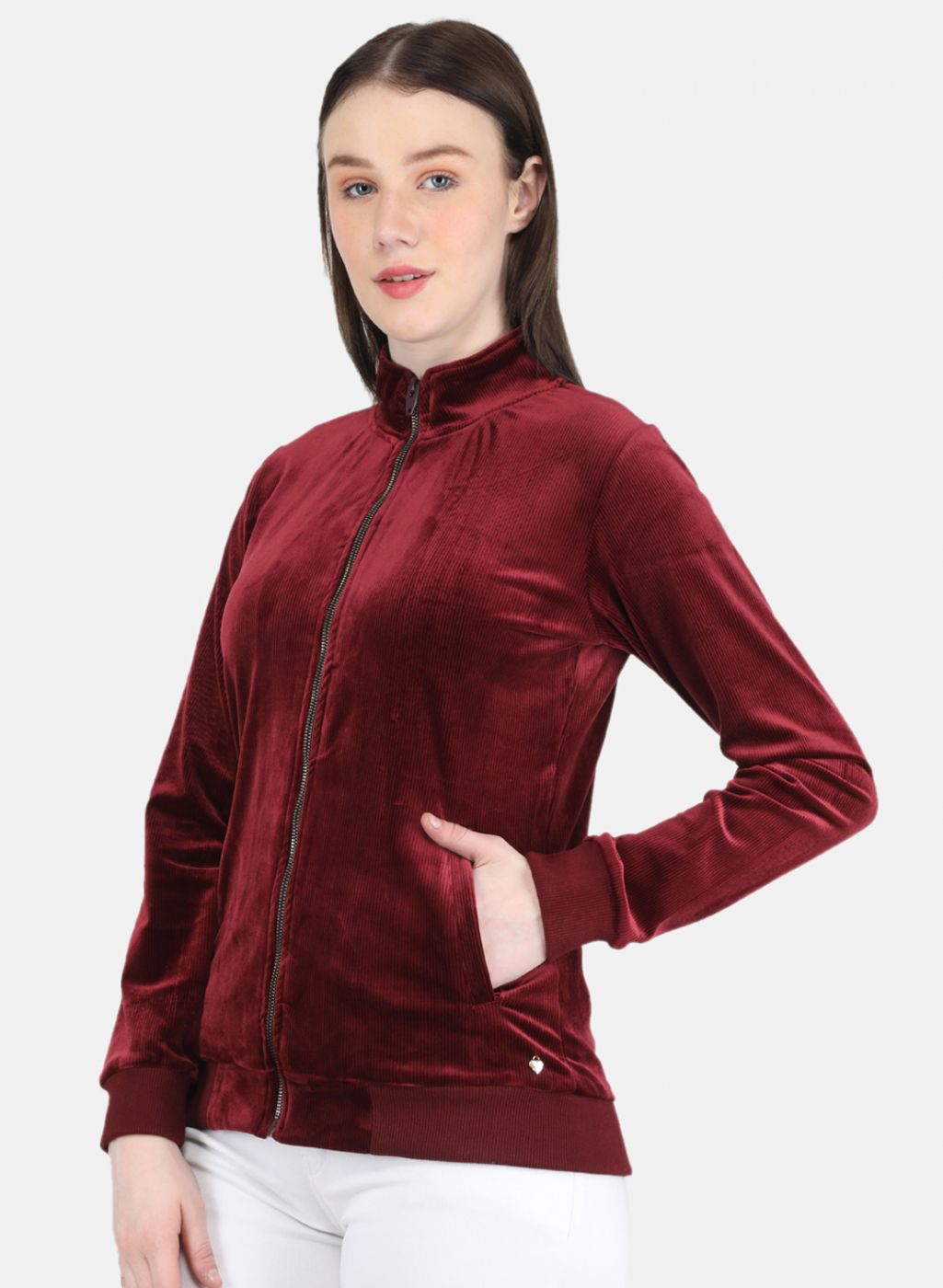 Women Maroon Self Design Sweatshirt