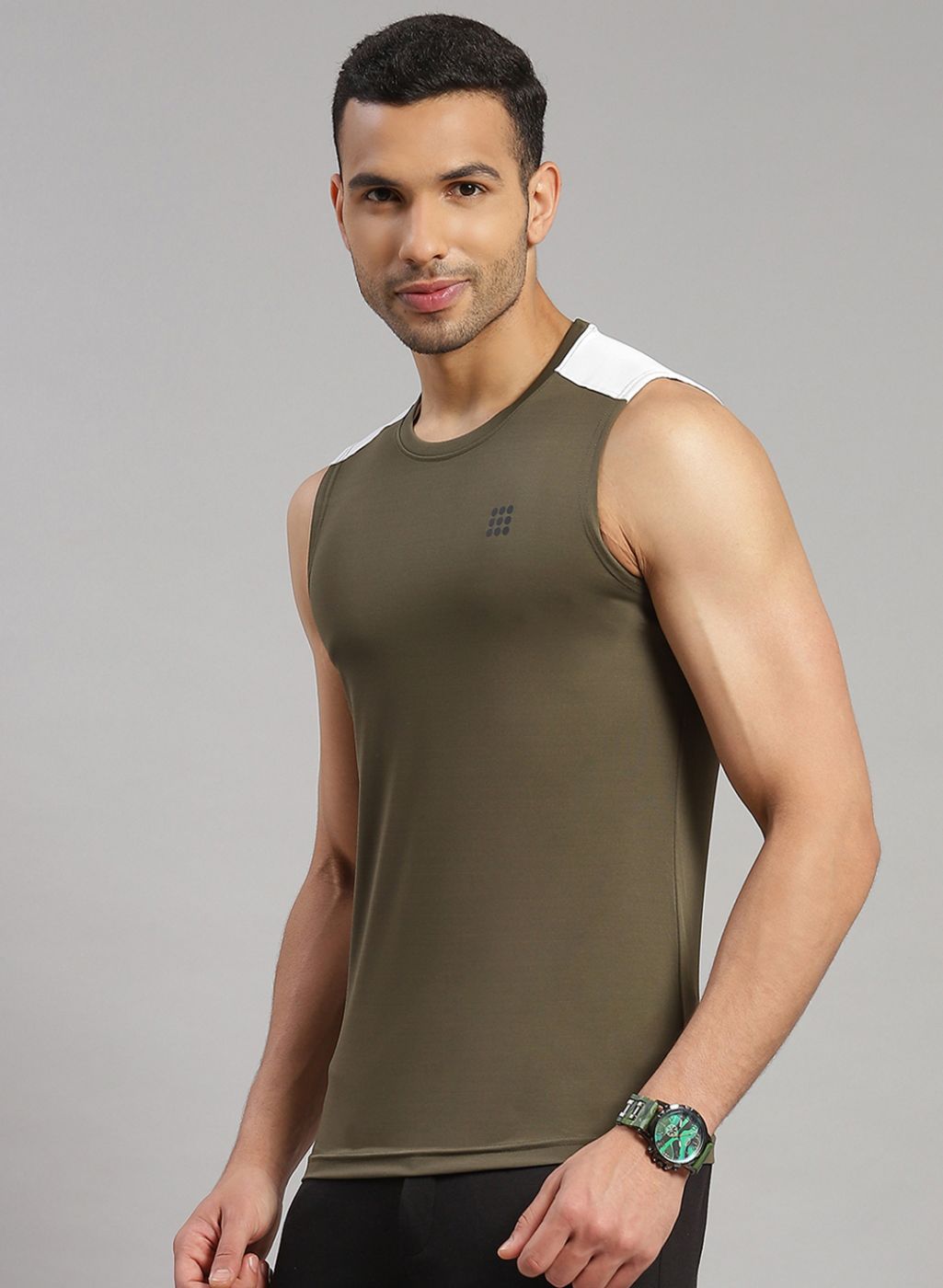 Men Olive Sleeveless T-Shirt