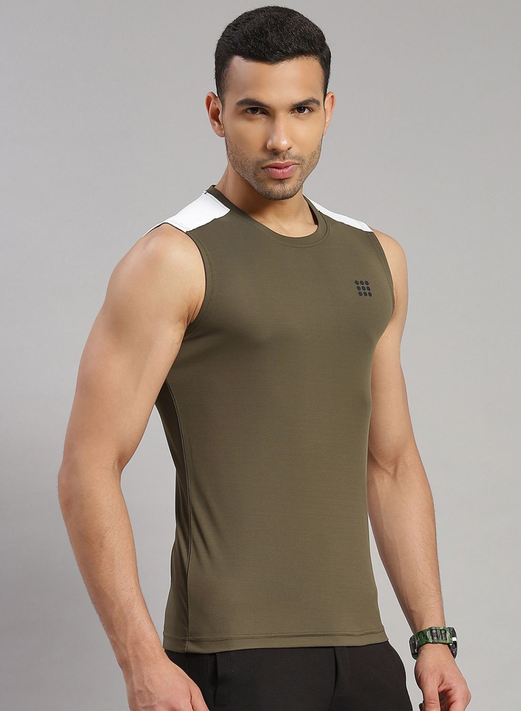 Men Olive Sleeveless T-Shirt