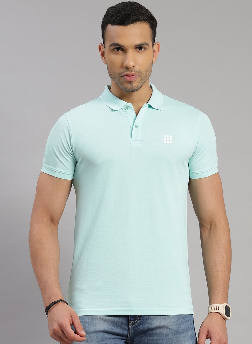 Men Sea Blue Solid T-Shirt