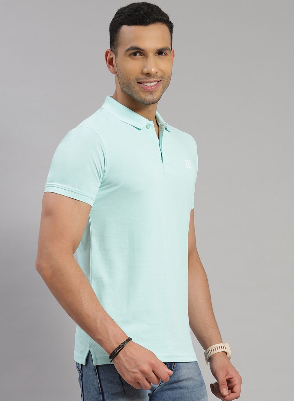 Men Sea Blue Solid T-Shirt