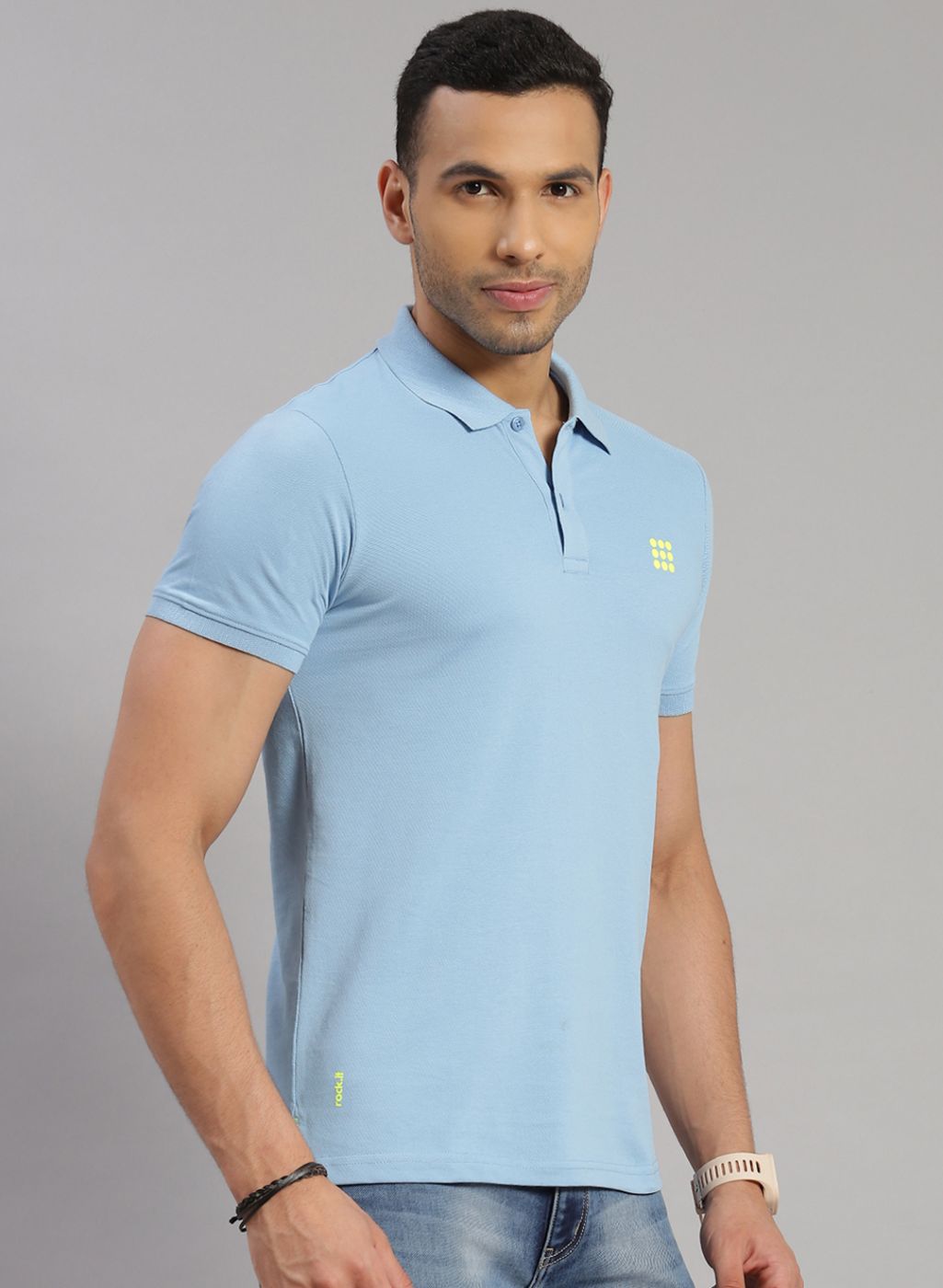 Men Sky Blue Solid T-Shirt