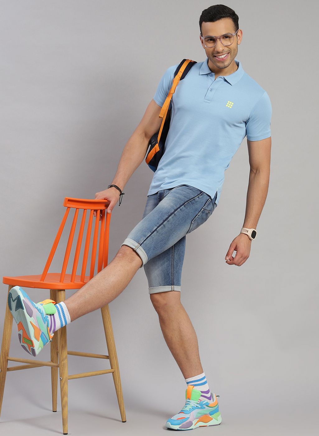 Men Sky Blue Solid T-Shirt