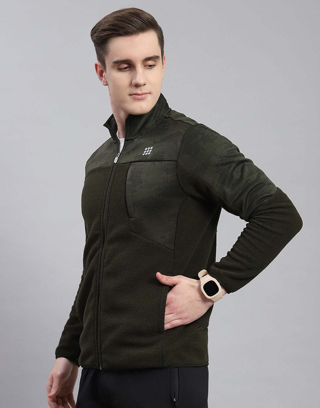 Men Olive Self Design Stand Collar Full Sleeve Sweatshirt