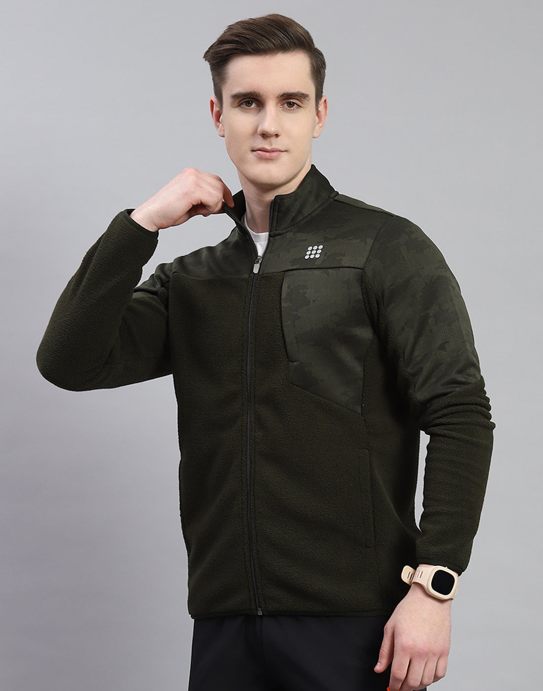 Men Olive Self Design Stand Collar Full Sleeve Sweatshirt