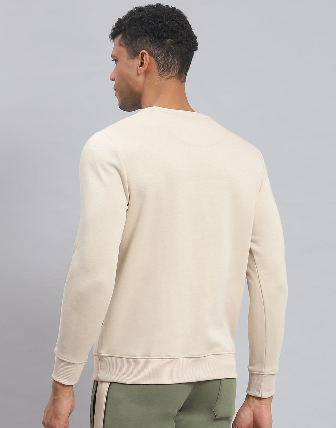 Men Beige Solid Round Neck Full Sleeve Sweatshirt