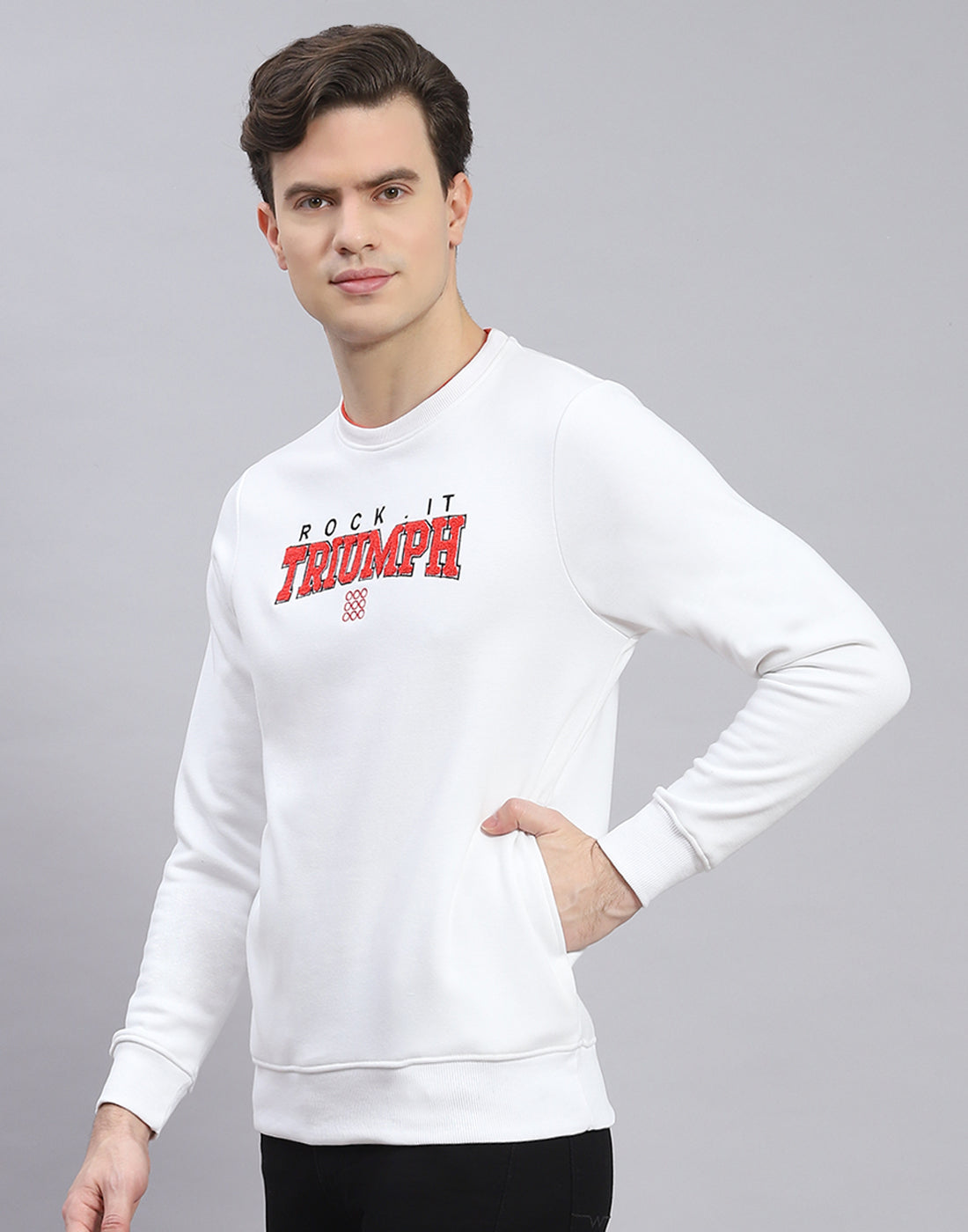 Men White Solid Round Neck Full Sleeve Sweatshirt