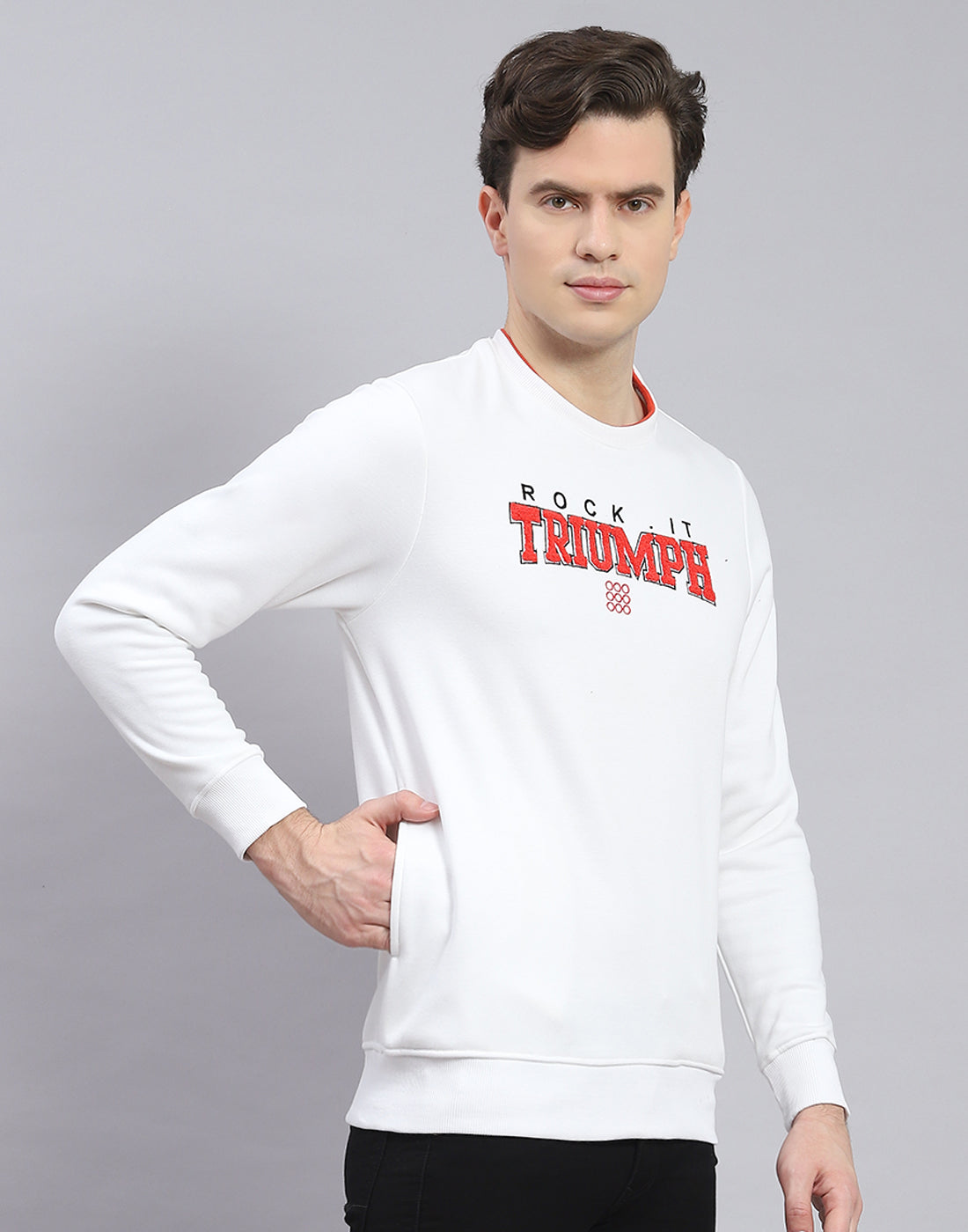 Men White Solid Round Neck Full Sleeve Sweatshirt