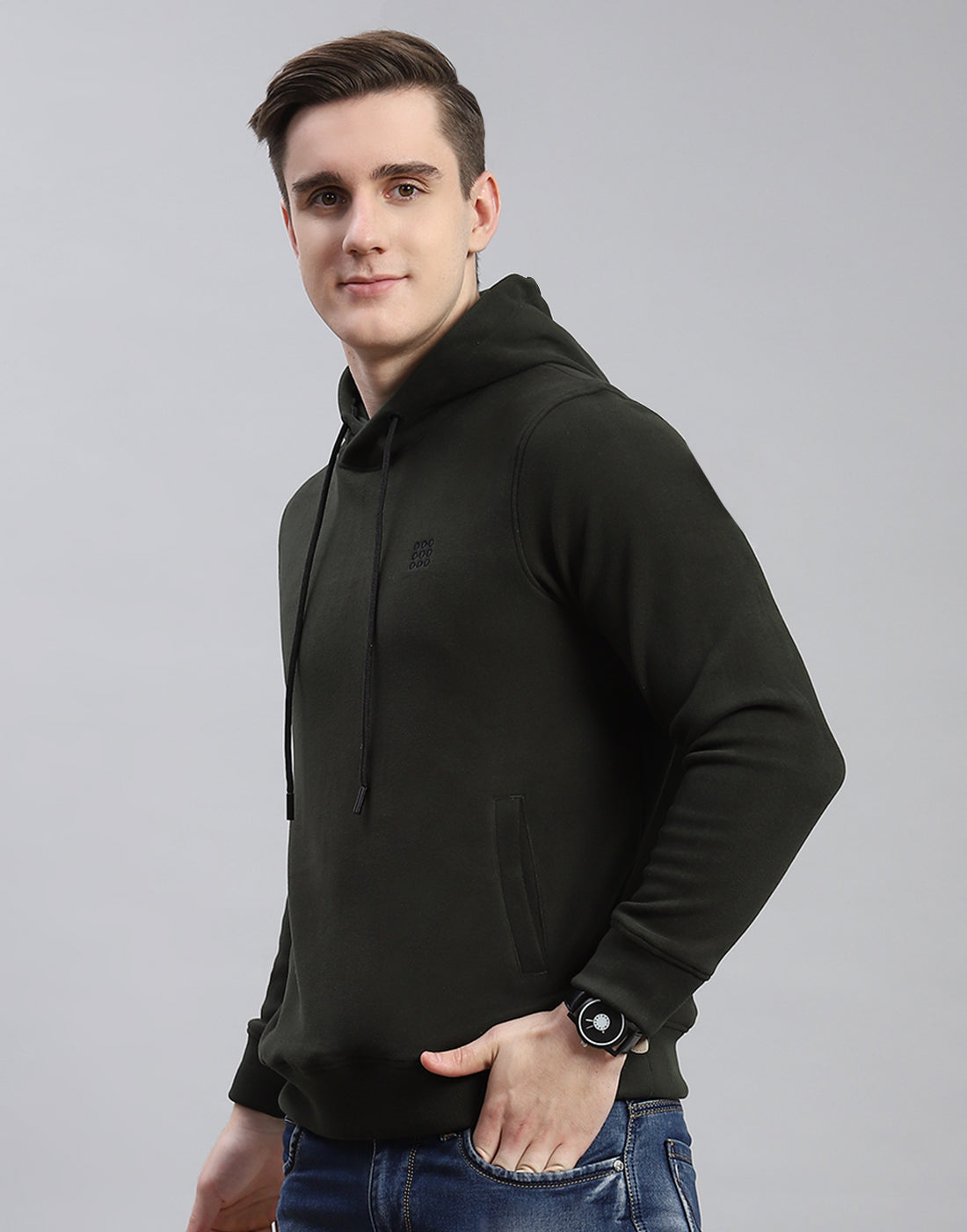 Men Olive Solid Hooded Full Sleeve Sweatshirt