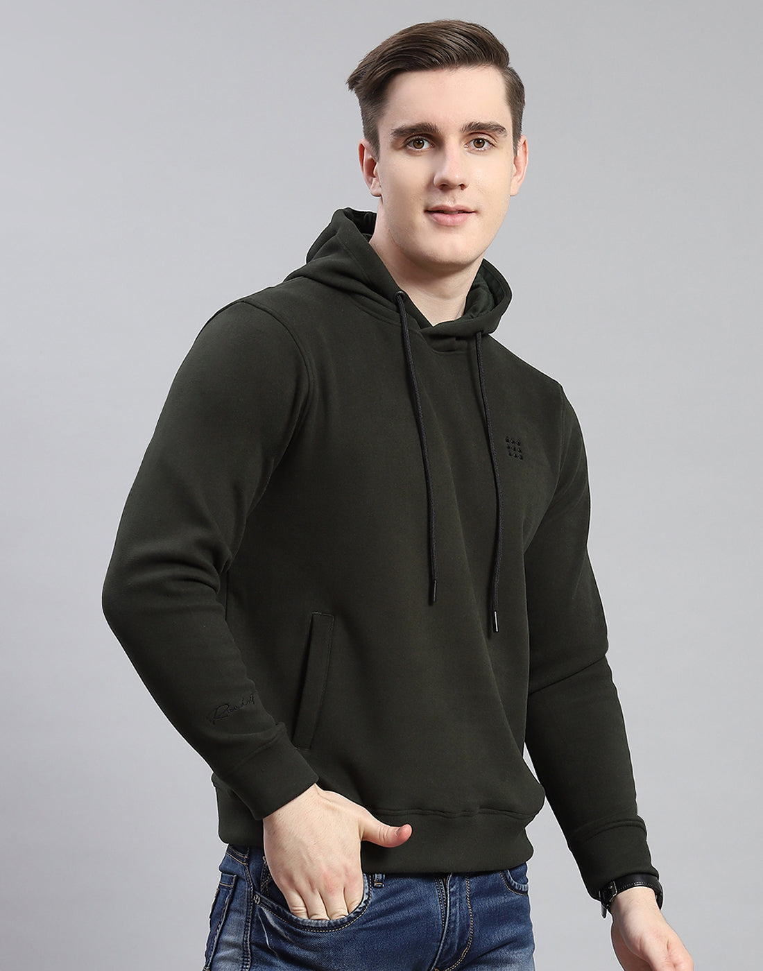 Men Olive Solid Hooded Full Sleeve Sweatshirt