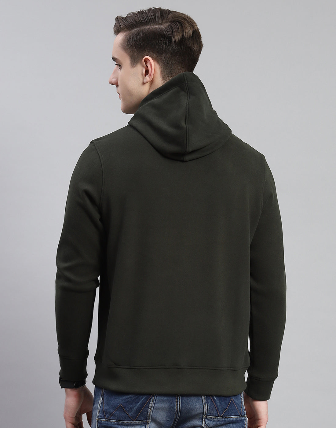 Men Olive Solid Hooded Full Sleeve Sweatshirt