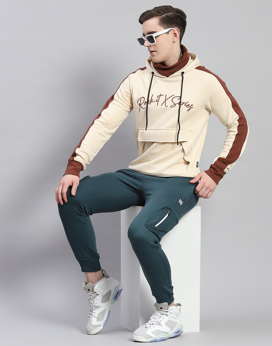 Men's hooded solid color sports multi-pocket leather sweatshirt