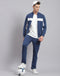 Men Blue Solid Stand Collar Full Sleeve Tracksuit