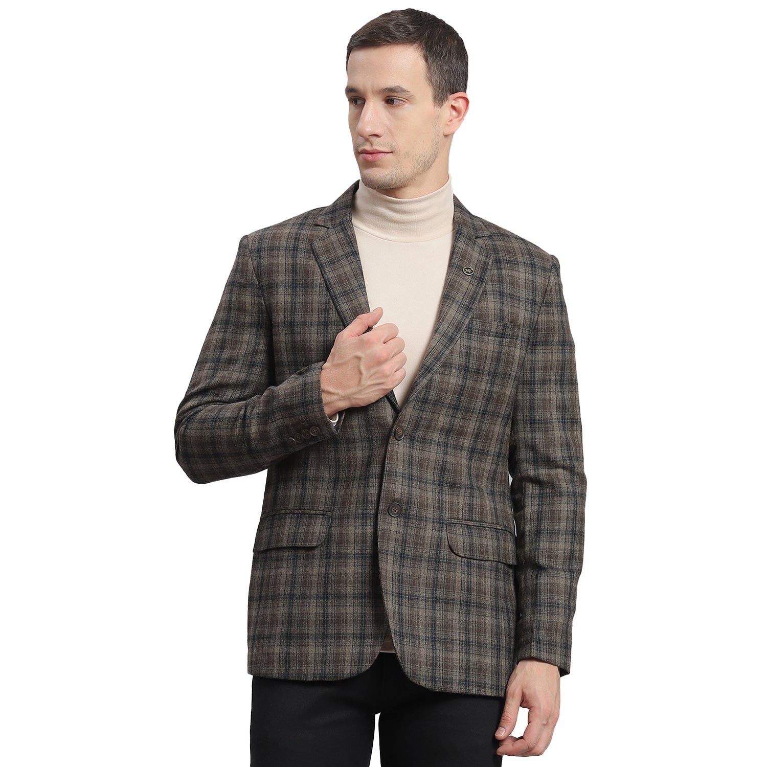 Men Brown Check Lapel Collar Full Sleeve Coat