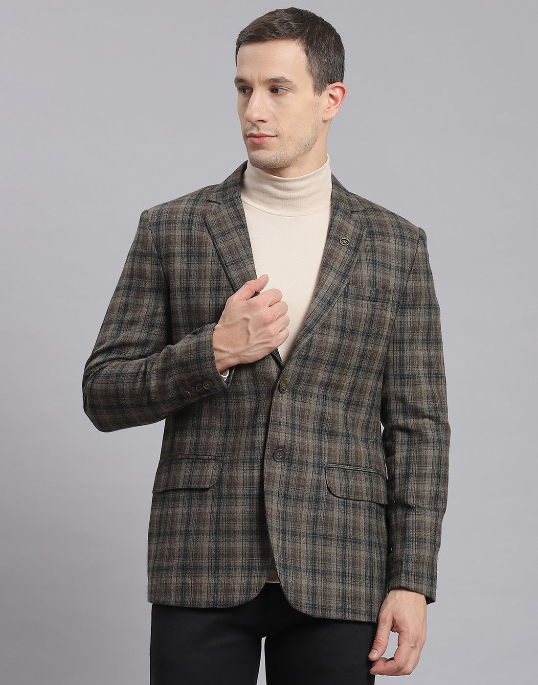 Men Brown Check Lapel Collar Full Sleeve Coat