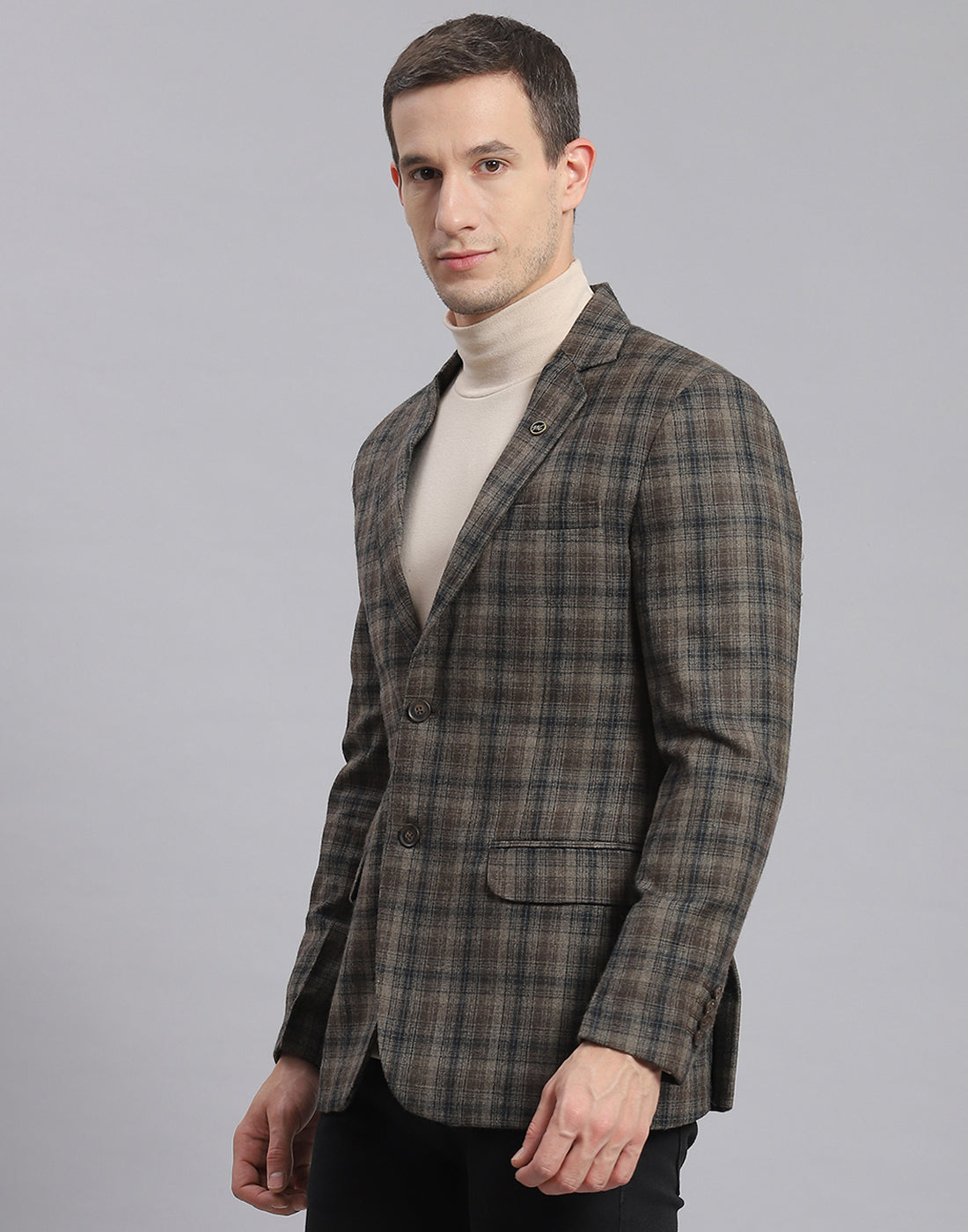 Men Brown Check Lapel Collar Full Sleeve Coat