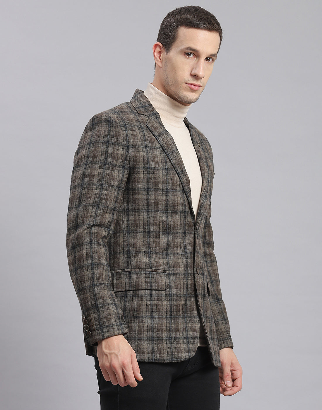 Men Brown Check Lapel Collar Full Sleeve Coat