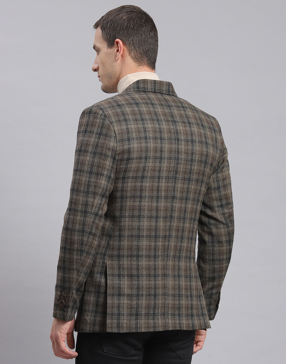 Men Brown Check Lapel Collar Full Sleeve Coat