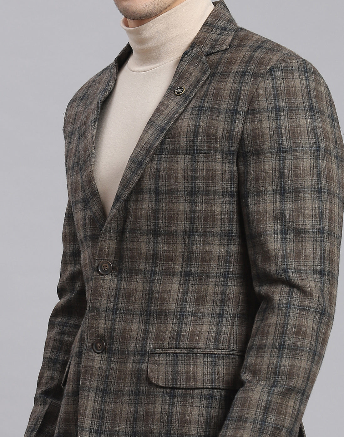 Men Brown Check Lapel Collar Full Sleeve Coat