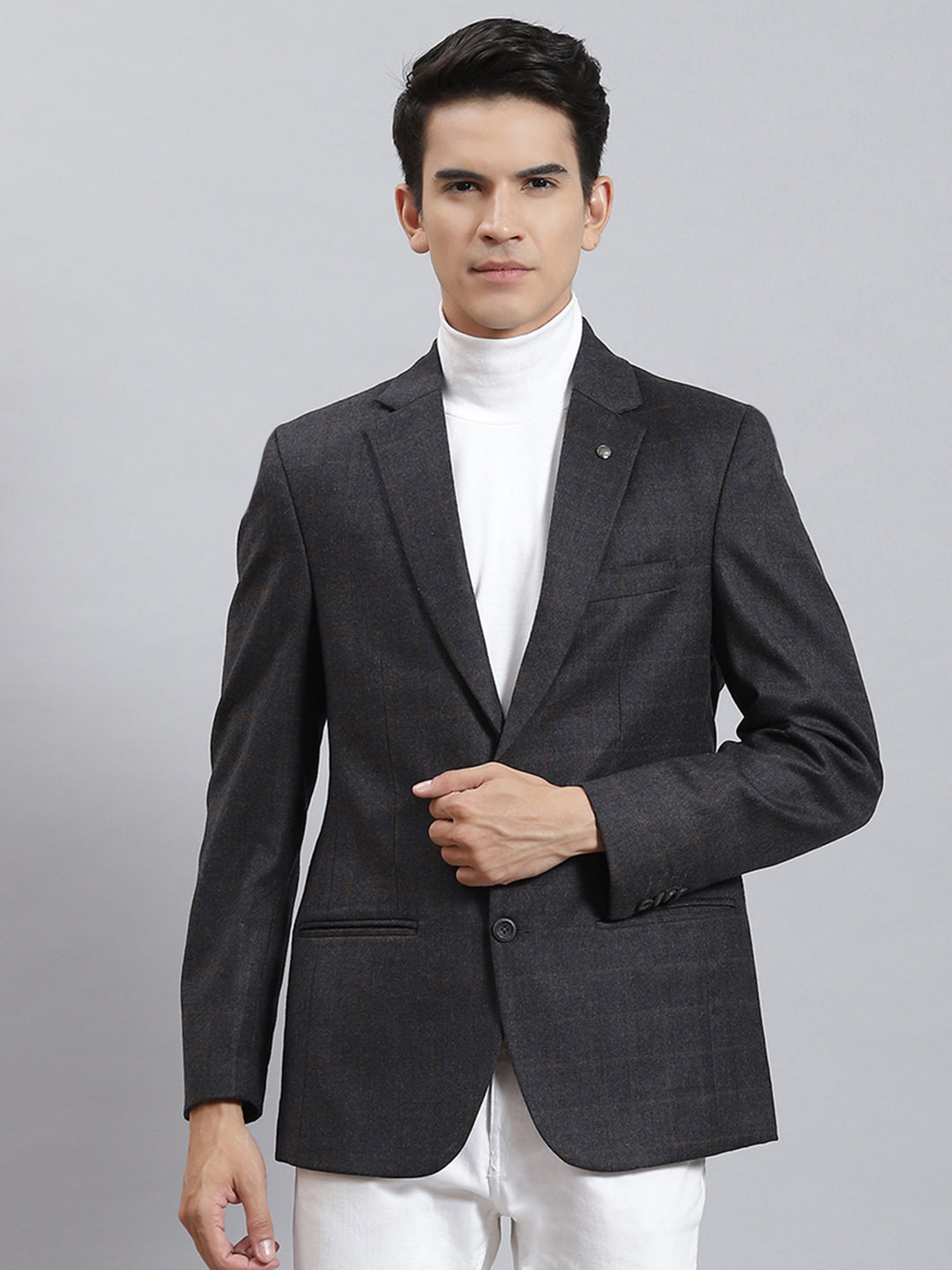 Men Grey Check Lapel Collar Full Sleeve Coat