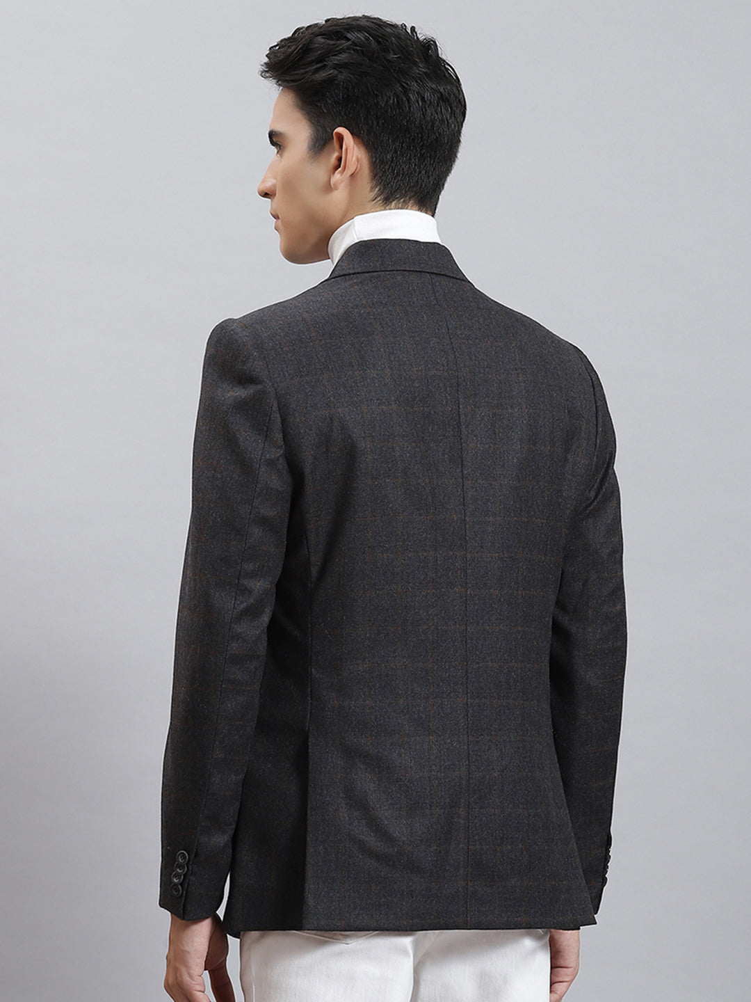 Men Grey Check Lapel Collar Full Sleeve Coat