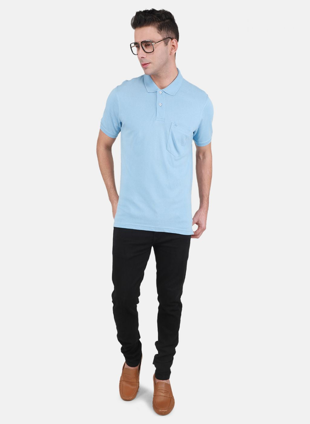 Men Sky Blue Solid T-Shirt