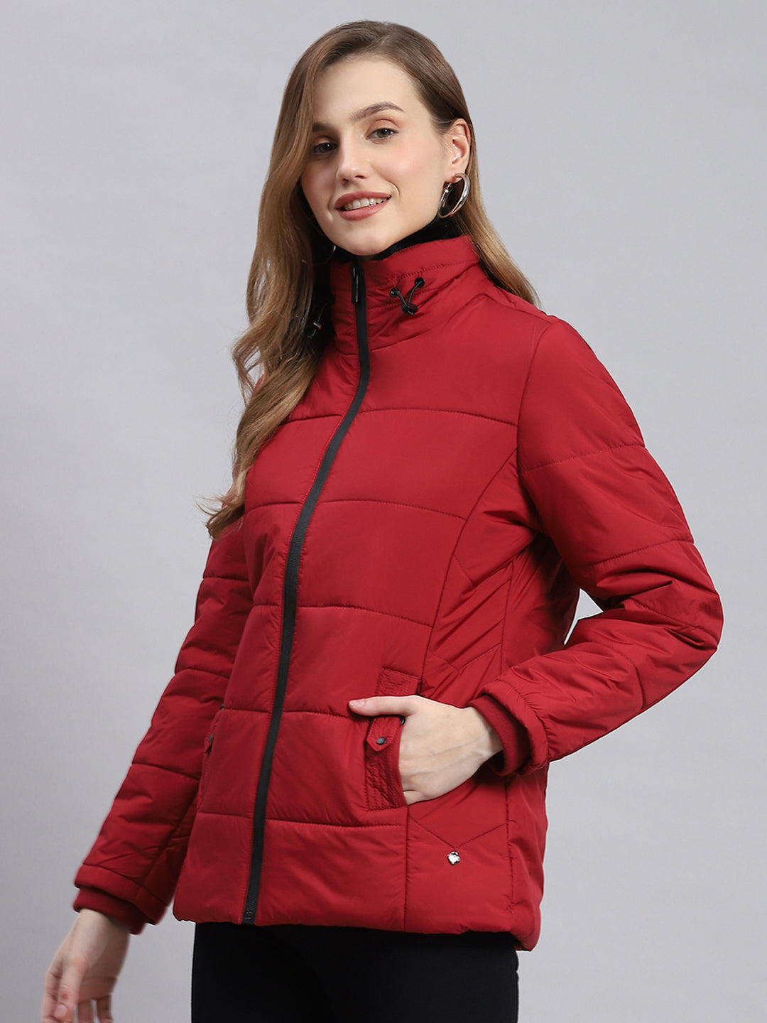 Women Red Solid Stand Collar Full Sleeve Jackets