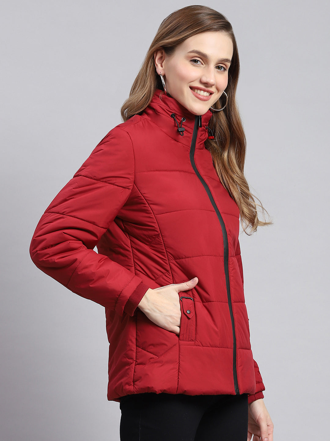 Women Red Solid Stand Collar Full Sleeve Jackets