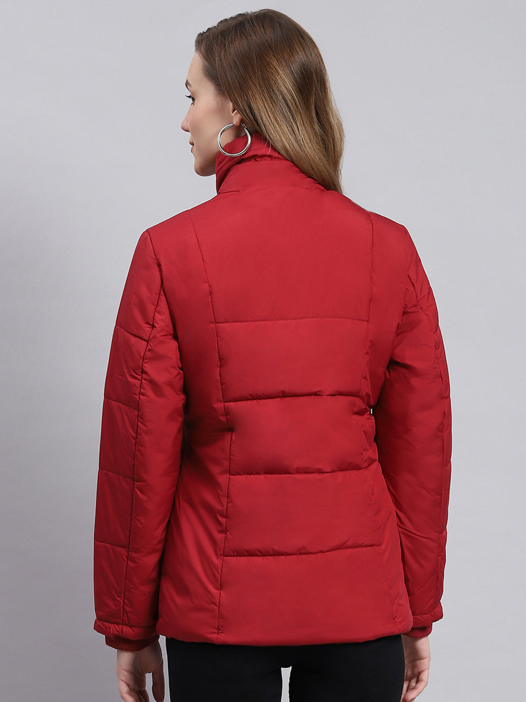 Women Red Solid Stand Collar Full Sleeve Jackets