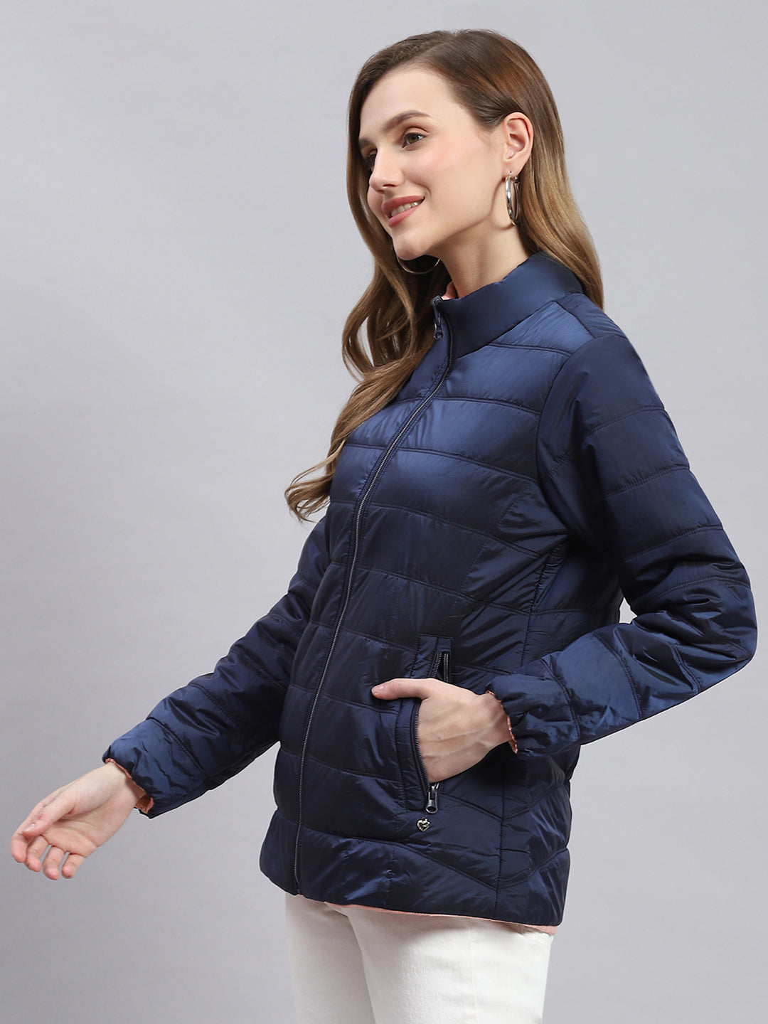 Women Navy Blue Solid Stand Collar Full Sleeve Jackets