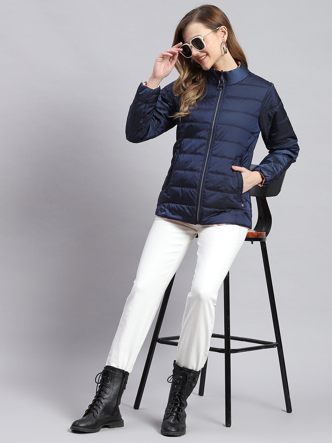 Women Navy Blue Solid Stand Collar Full Sleeve Jackets