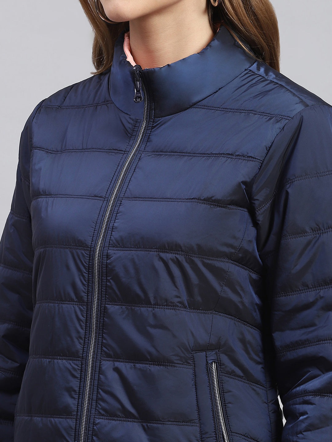 Women Navy Blue Solid Stand Collar Full Sleeve Jackets