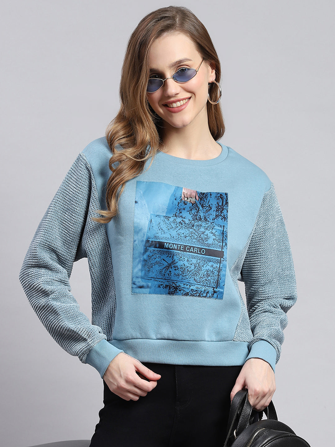 Women Teal Blue Printed Round Neck Full Sleeve Sweatshirts