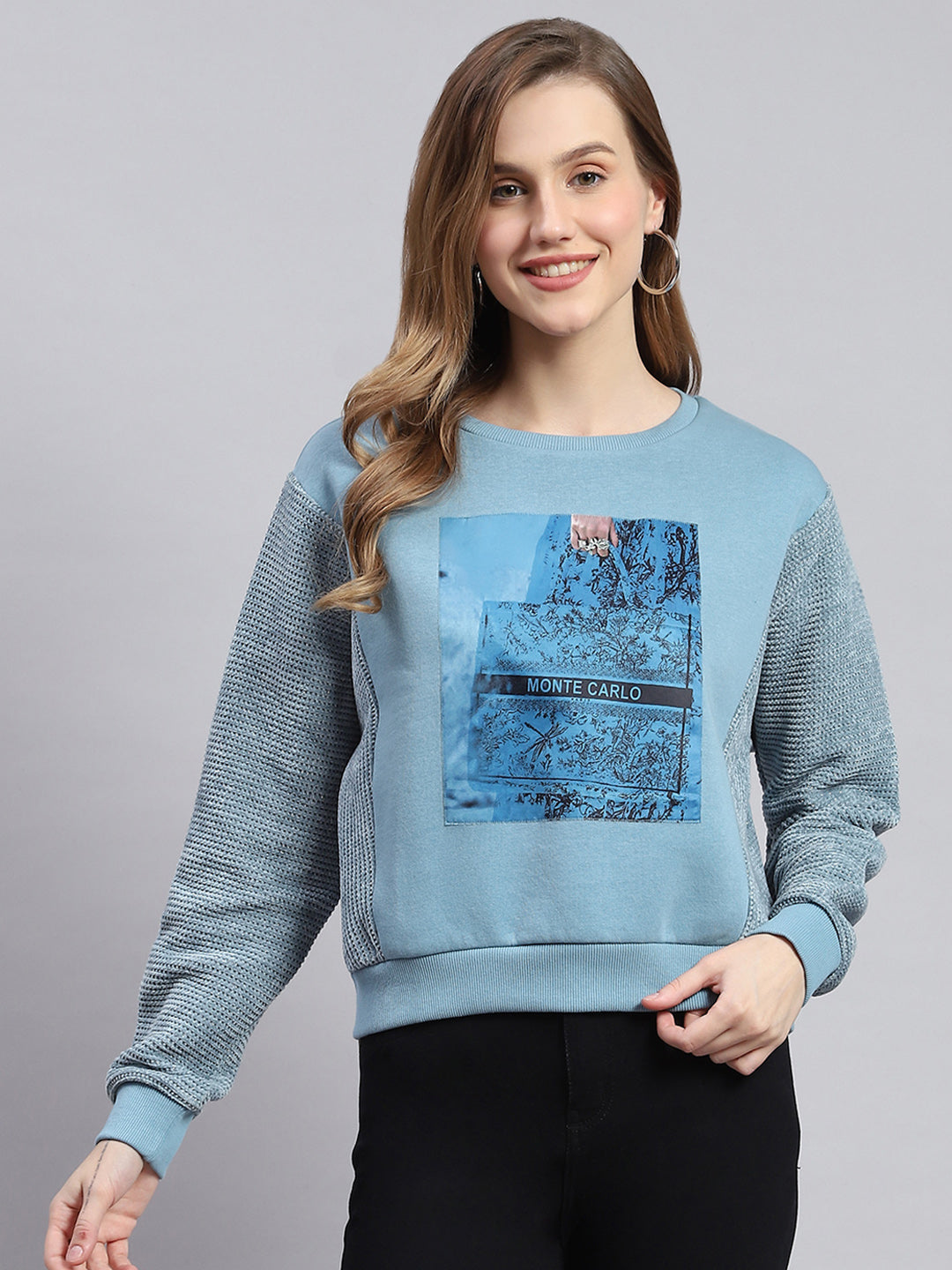 Women Teal Blue Printed Round Neck Full Sleeve Sweatshirts