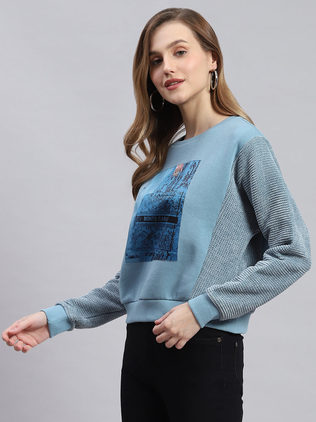 Women Teal Blue Printed Round Neck Full Sleeve Sweatshirts