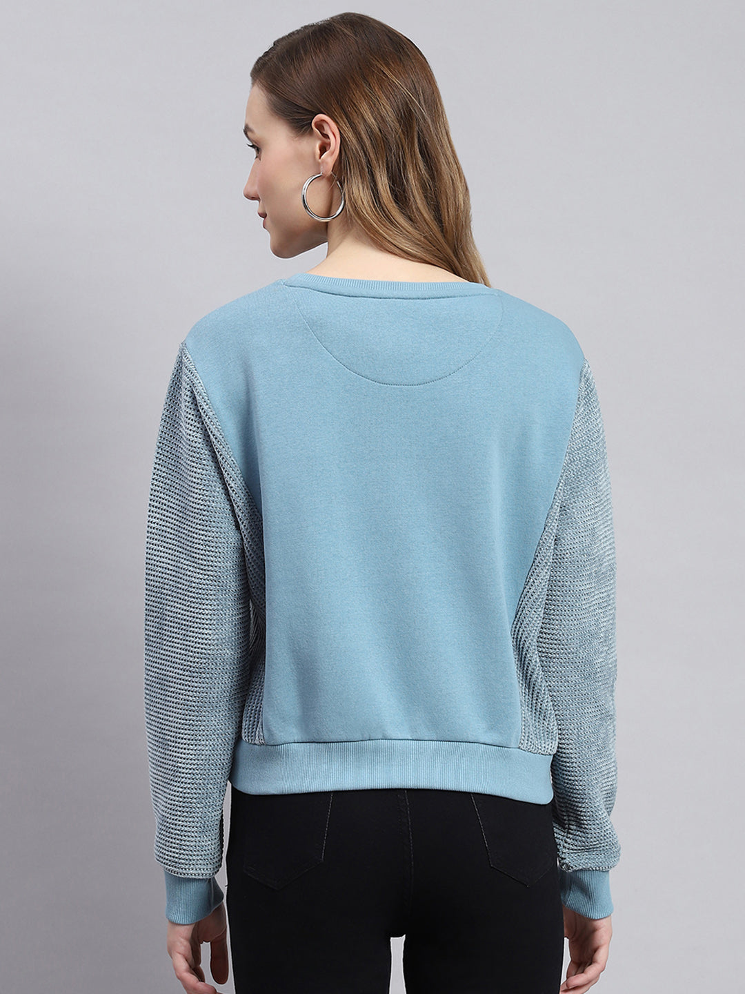 Women Teal Blue Printed Round Neck Full Sleeve Sweatshirts