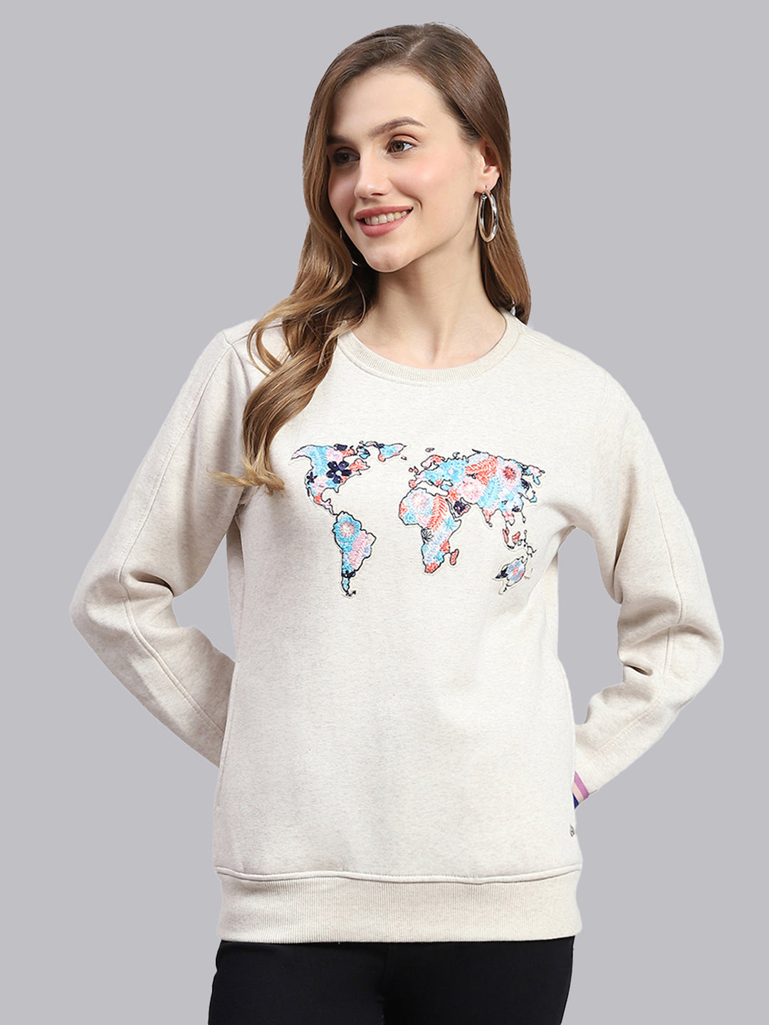 Women Beige Embroidered Round Neck Full Sleeve Sweatshirts