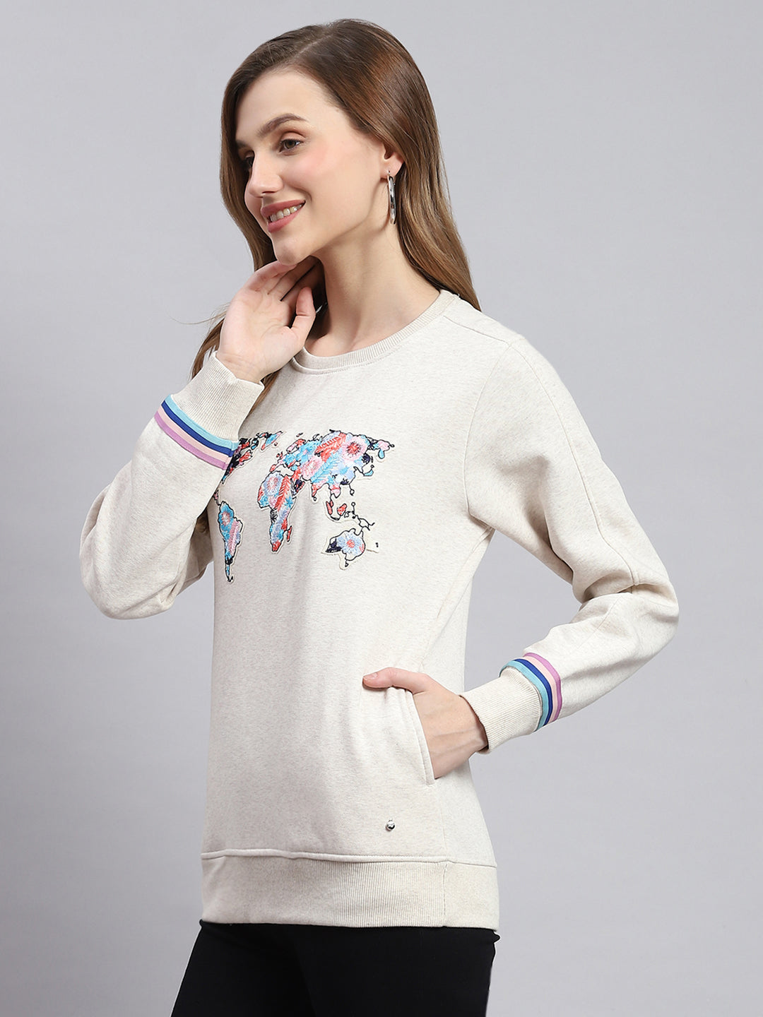 Women Beige Embroidered Round Neck Full Sleeve Sweatshirts