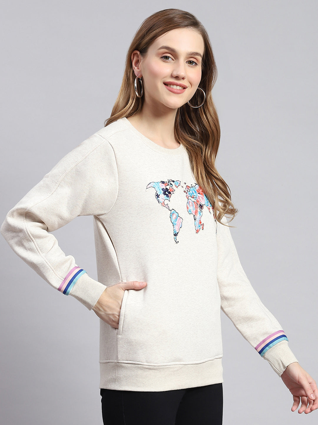 Women Beige Embroidered Round Neck Full Sleeve Sweatshirts